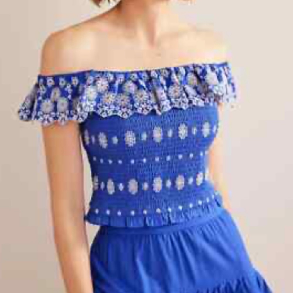 Boden Off Shoulder Broderie Anglaise  Smocked Floral Ruffle Island Sapphire Top
